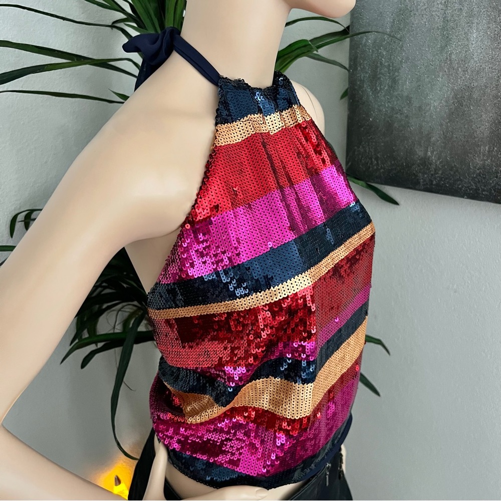 Trina Turk Colorful Sparkly Sequin Open Back Halter Top